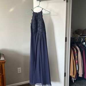 JJ’s House. Size 12/14. Color: Stormy. A-Line Scoop Style. Chiffon Lace material